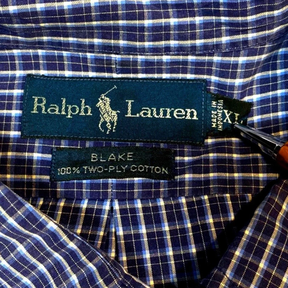 Ralph Lauren Blake Men's XL Blue Plaid Button Down Shirt 100% Cotton Long Sleeve - Picture 4 of 5